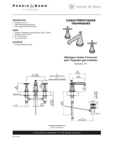 Mélangeur lavabo 3 trous croisillons Deco - Perrin & Rowe