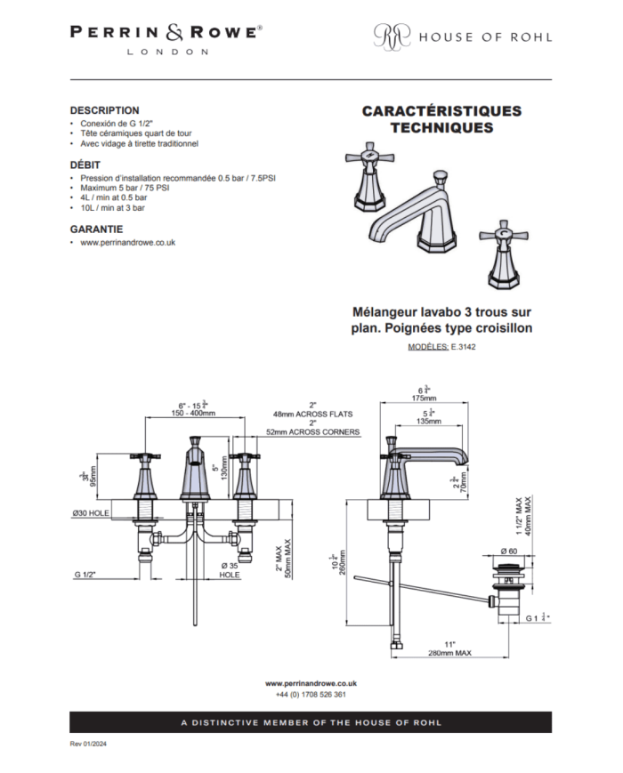 Mélangeur lavabo 3 trous croisillons Deco - Perrin & Rowe