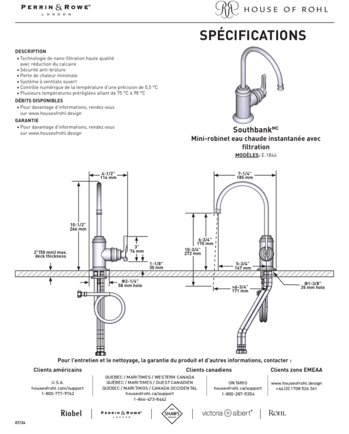 Mini robinet eau chaude instantané + eau filtrée - Perrin & Rowe