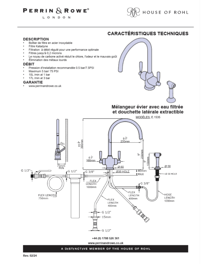 Mitigeur avec douchette eau filtrée Langbourn - Perrin & Rowe