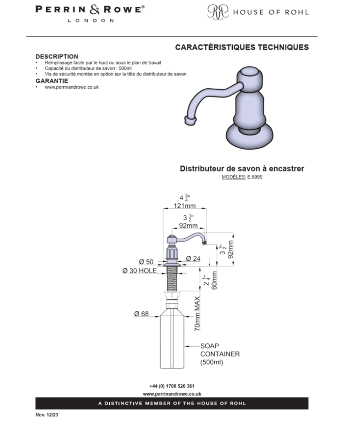 Distributeur de savon à encastrer Phoenician - Perrin & Rowe