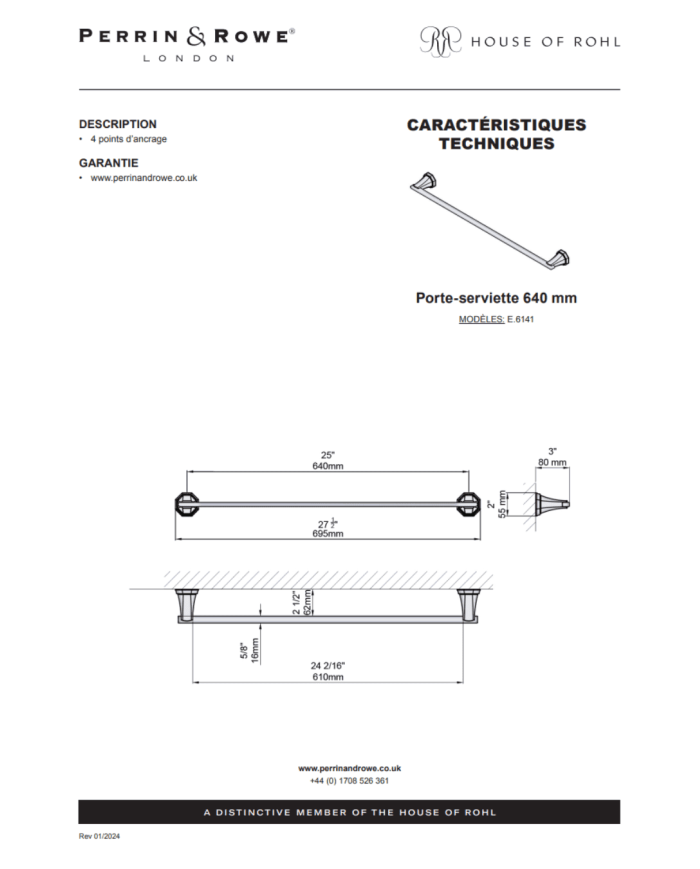 Porte serviette 640mm Deco - Perrin & Rowe