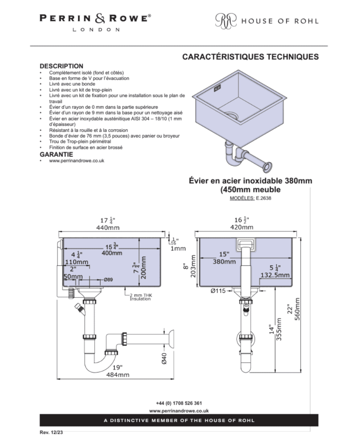 Évier en acier inoxydable 380mm - Perrin & Rowe
