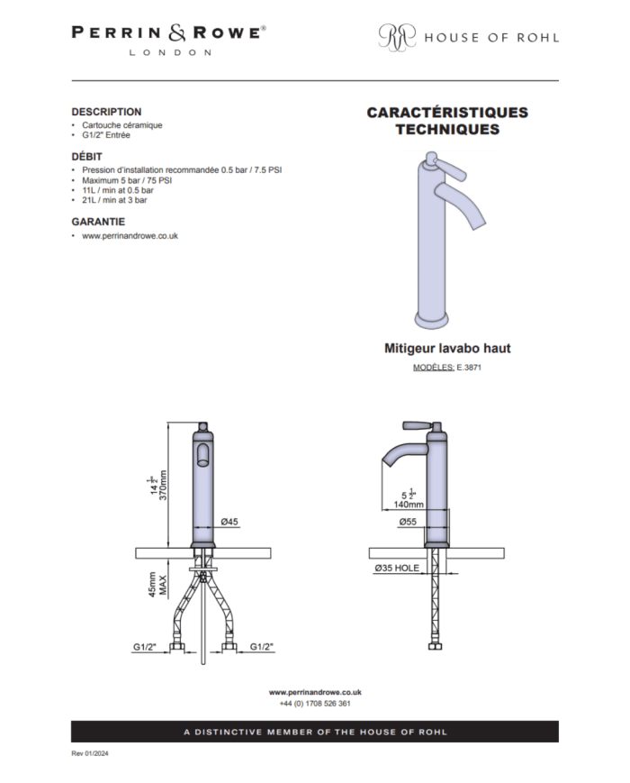 Mitigeur lavabo haut Langbourn - Perrin & Rowe