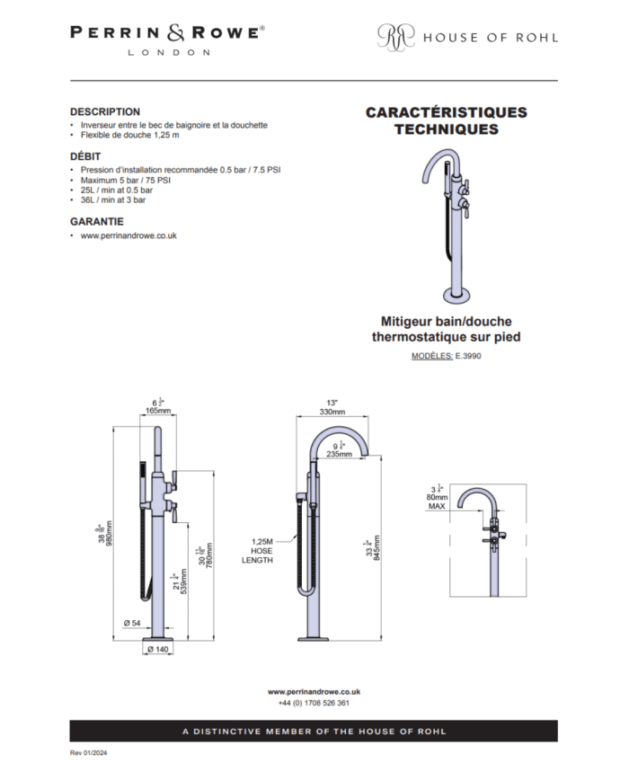 Mitigeur bain/douche thermostatique Langbourn - Perrin & Rowe