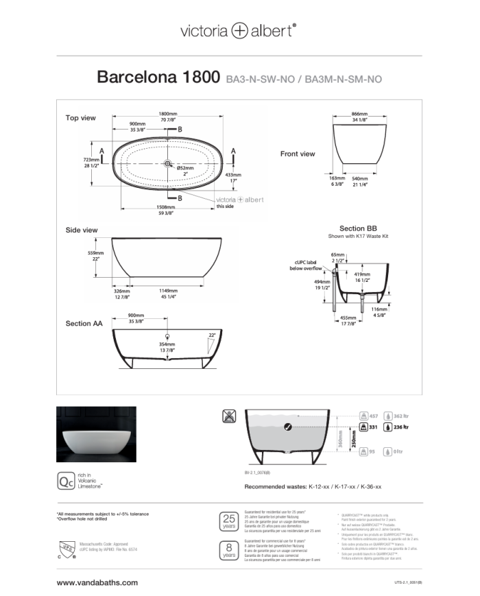 baignoire vintage victoria albert | Barcelone 180 cm