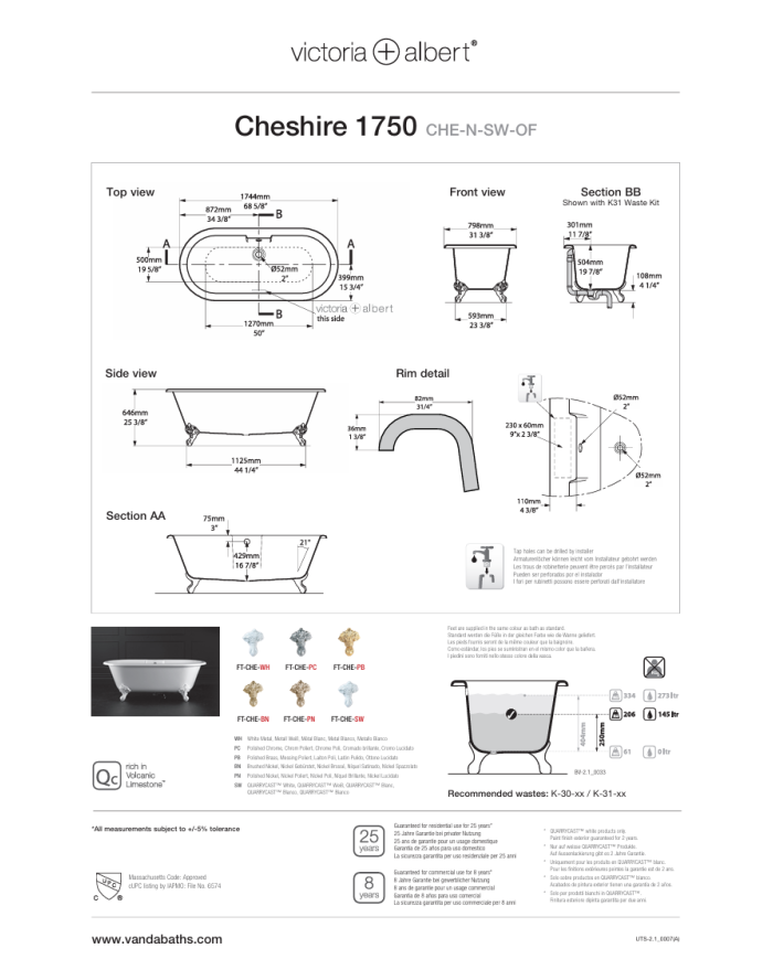 baignoire rétro Victoria Albert | Cheshire QUARRYCAST™