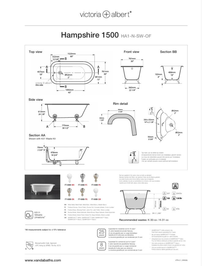 Baignoire Hampshire 1500 - Victoria + Albert