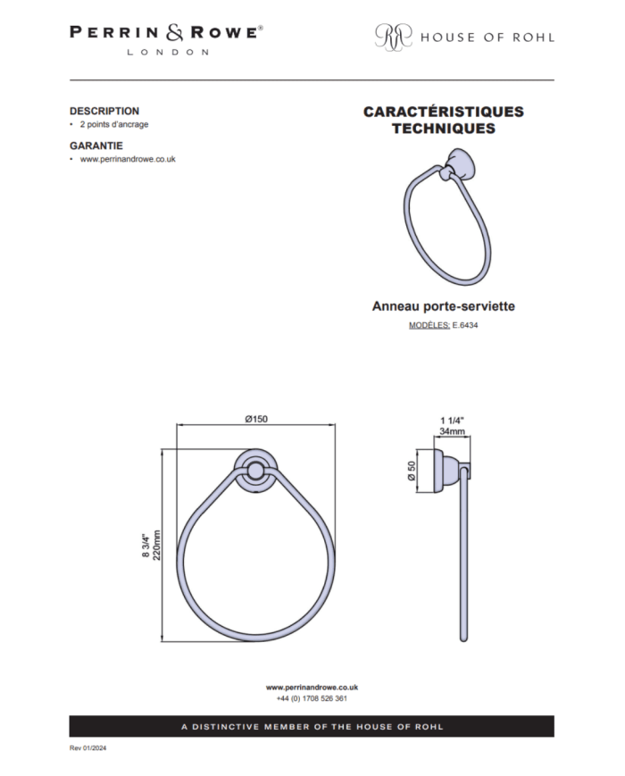 Anneau porte-serviette 150mm Langbourn - Perrin & Rowe
