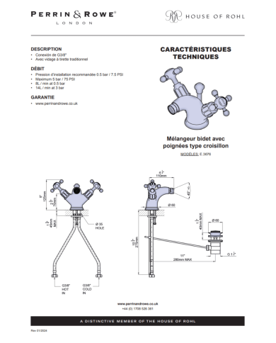 Mélangeur bidet croisillons Traditional - Perrin & Rowe