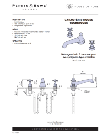 Mélangeur bain 3 trous croisillons Traditional - Perrin & Rowe