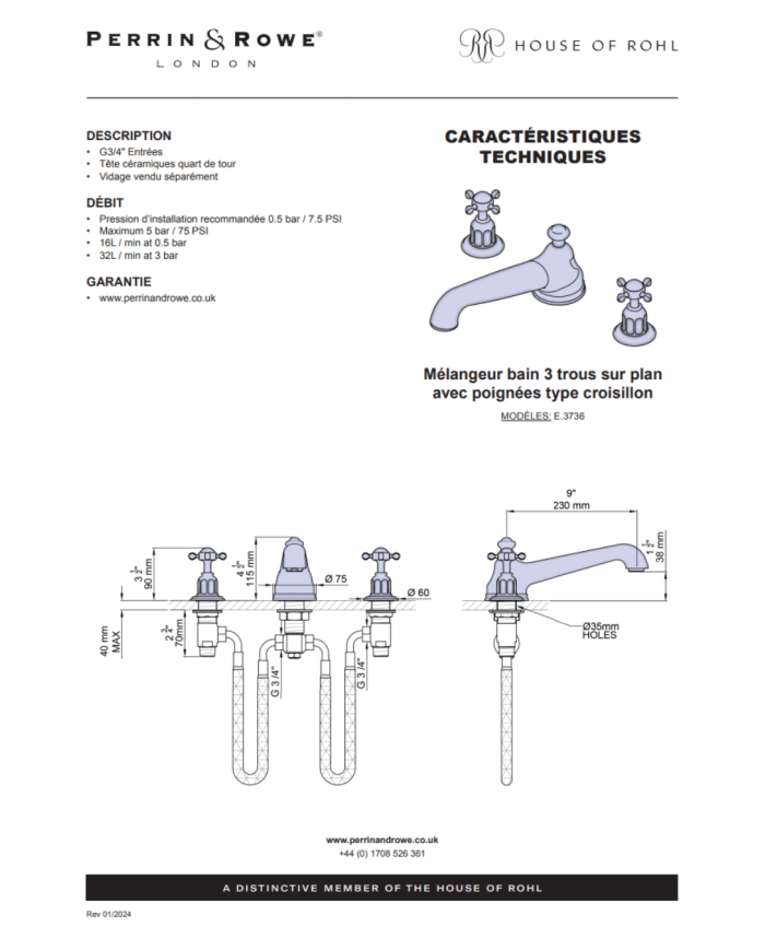Mélangeur bain 3 trous croisillons Traditional - Perrin & Rowe