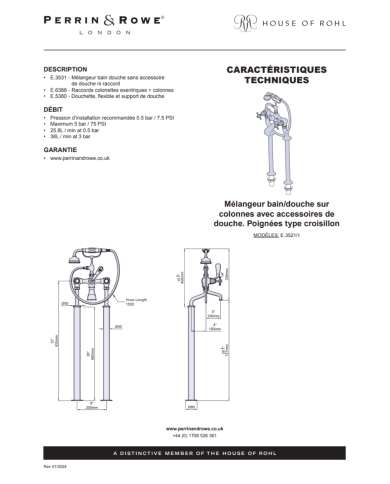Mélangeur bain/douche sur colonnes croisillons Traditional - Perrin & Rowe
