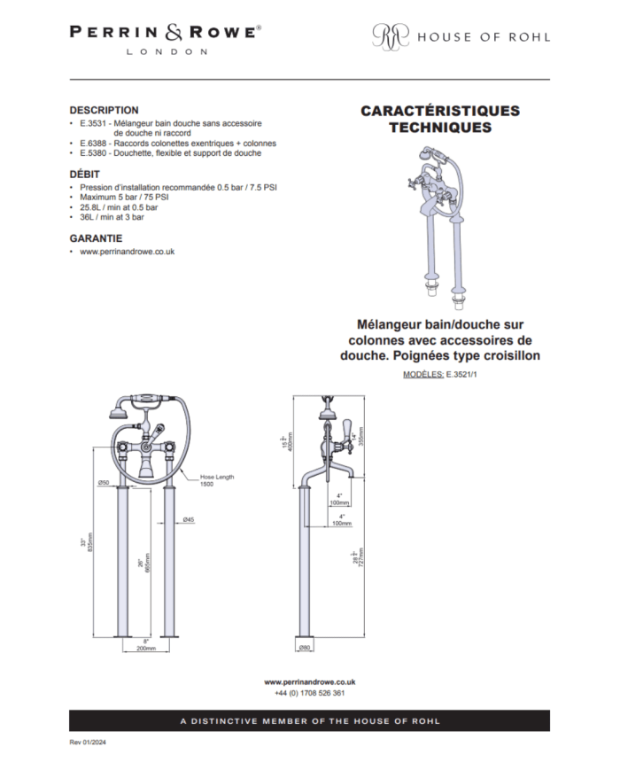 Mélangeur bain/douche sur colonnes croisillons Traditional - Perrin & Rowe