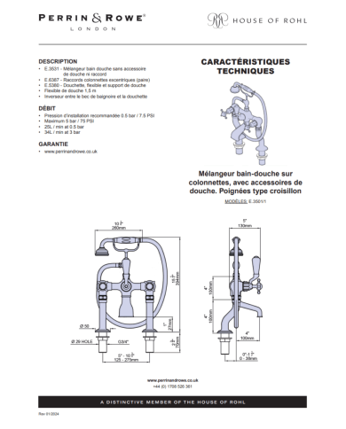 Mélangeur bain/douche croisillons Traditional - Perrin & Rowe