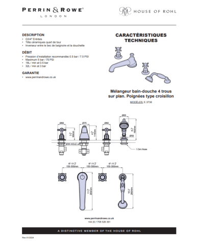 Mélangeur bain/douche 4 trous croisillons Traditional - Perrin & Rowe