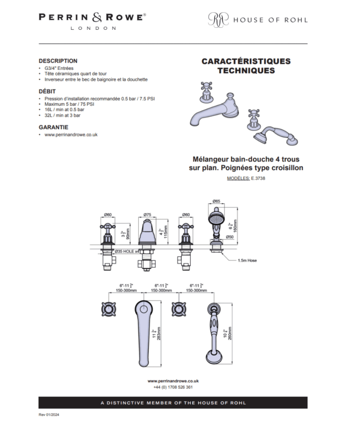 Mélangeur bain/douche 4 trous croisillons Traditional - Perrin & Rowe