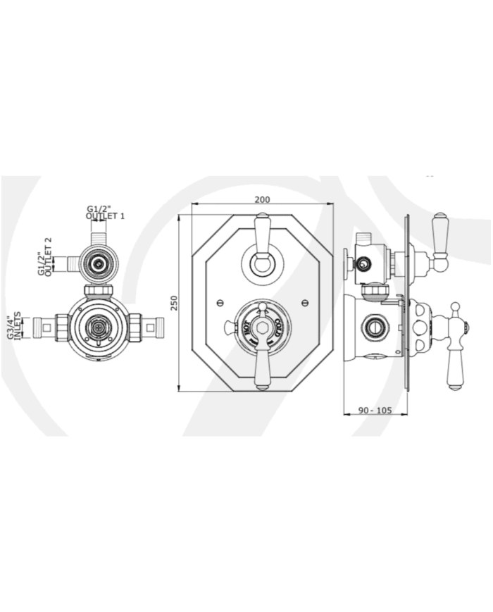 Mitigeur thermostatique encastré 2 voies Traditional - Perrin & Rowe