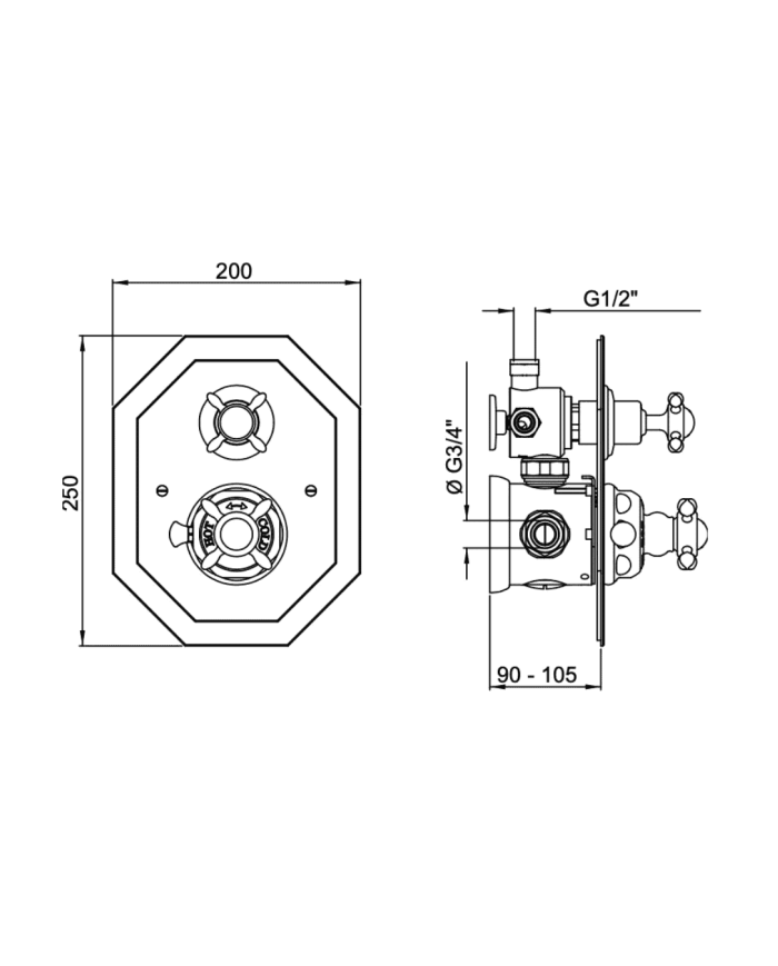 Mitigeur thermostatique encastré 2 voies croisillons Traditional - Perrin & Rowe