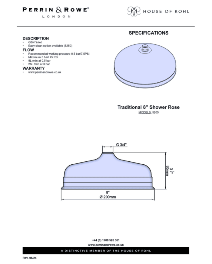 Pomme de douche 200mm Traditional - Perrin & Rowe