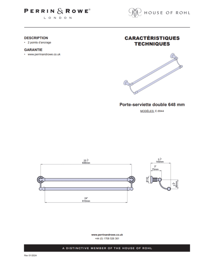 Porte-serviette double 648mm Traditional - Perrin & Rowe