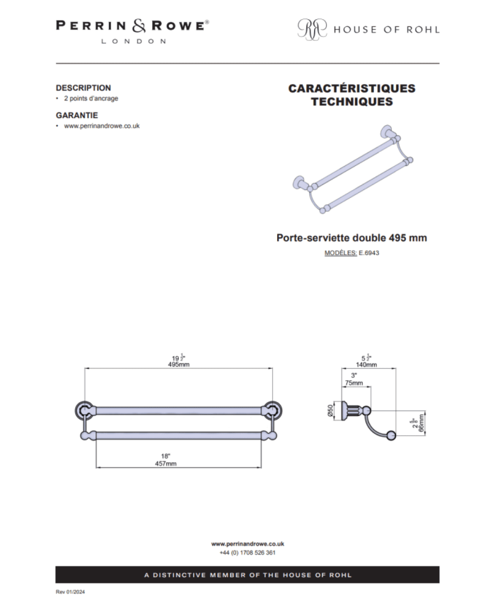 Porte-serviette double 495mm Traditional - Perrin & Rowe