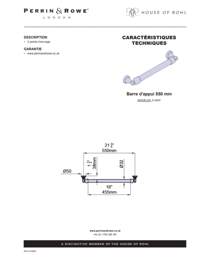 Barre d'appui 550mm Traditional - Perrin & Rowe