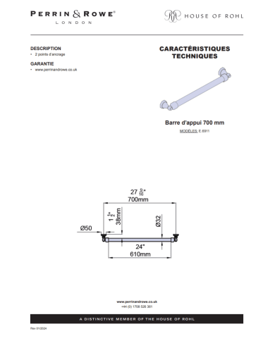 Barre d'appui 700mm Traditional - Perrin & Rowe