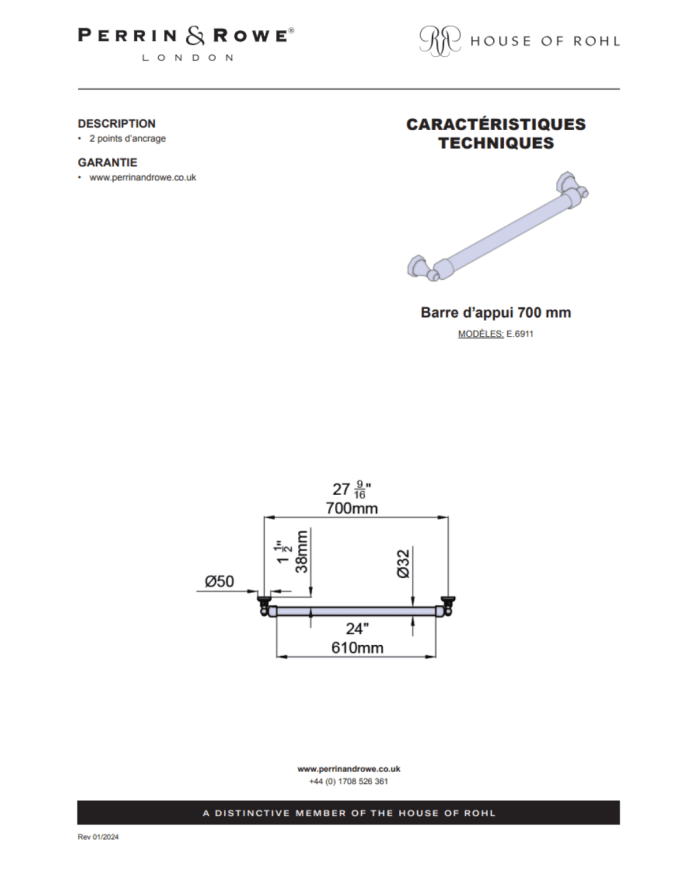 Barre d'appui 700mm Traditional - Perrin & Rowe