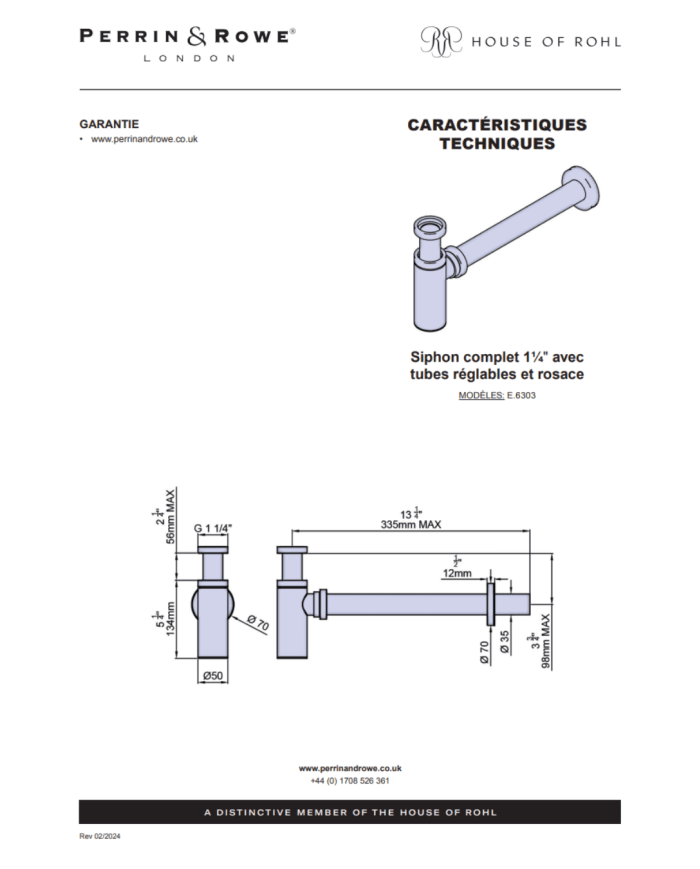 Siphon complet 1/4" droit - Perrin & Rowe