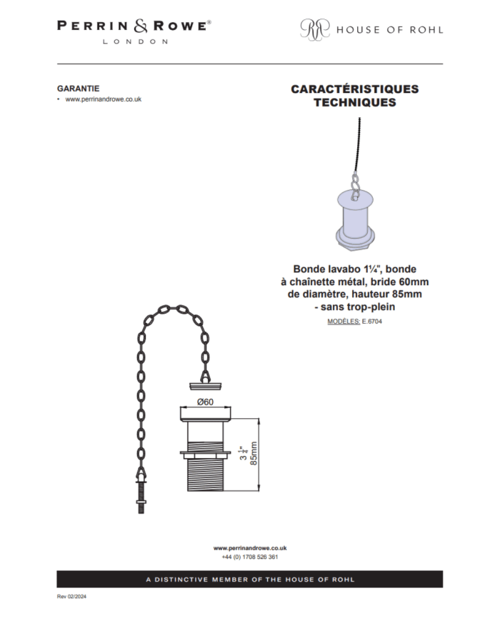 Bonde lavabo 1/4" à chainette - Perrin & Rowe