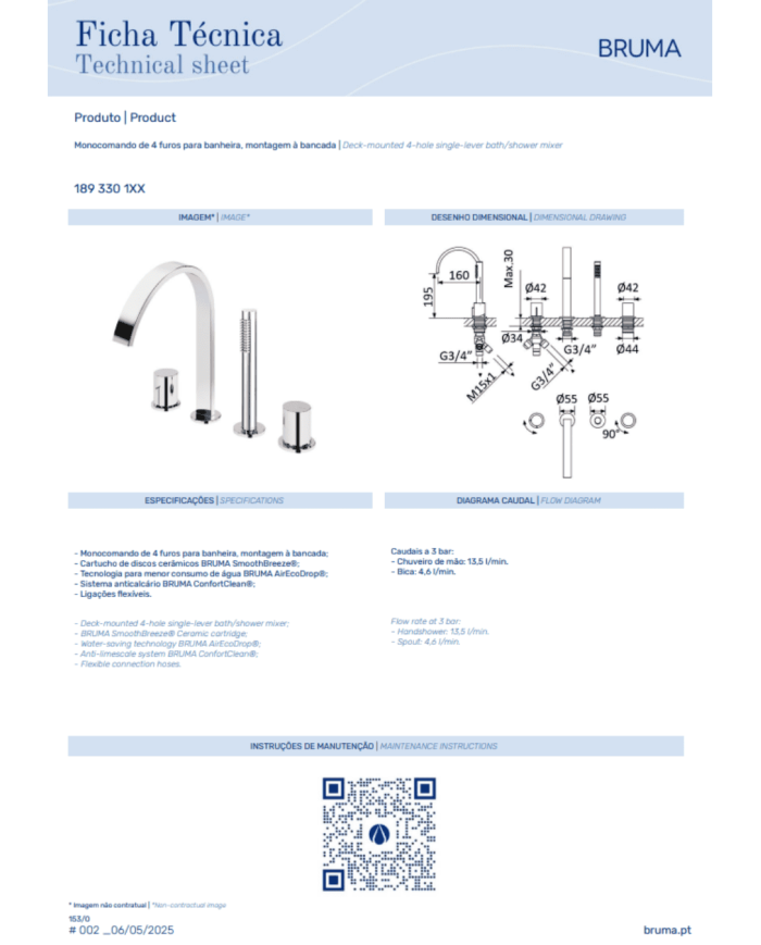 Mitigeur bain / douche 4 trous Avalon - Bruma