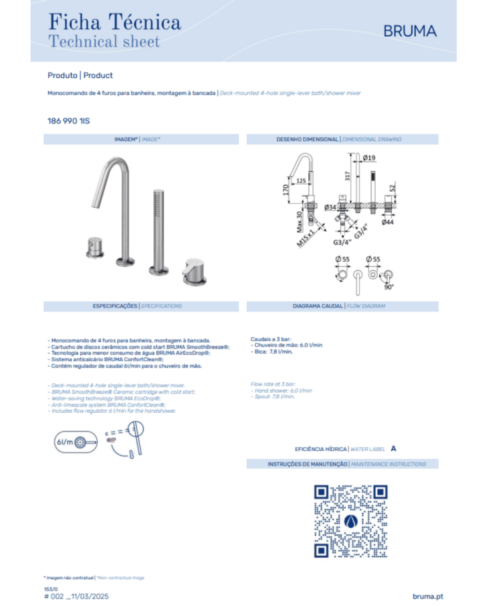 Mitigeur bain / douche 4 trous X-Alpha - Bruma