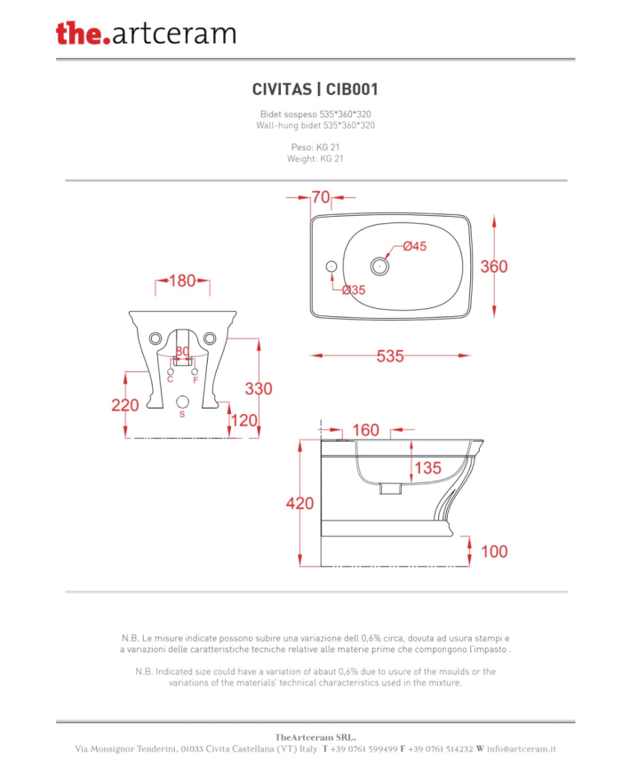 Bidet suspendu 36x54cm Civitas - The.artceram