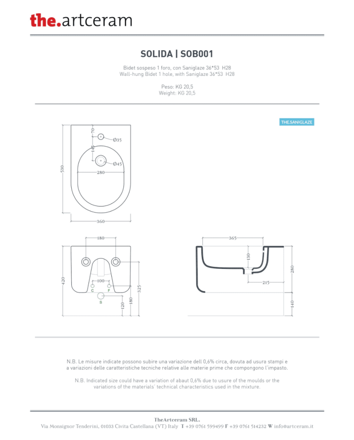 Bidet suspendu 36x53cm Solida - The.artceram