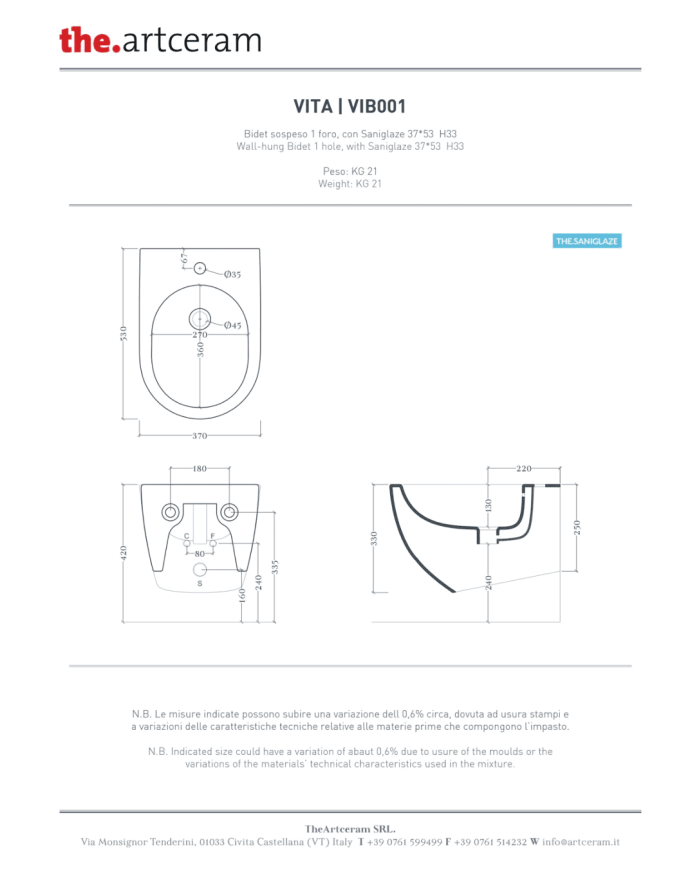 Bidet suspendu 37x53cm Vita - The.artceram