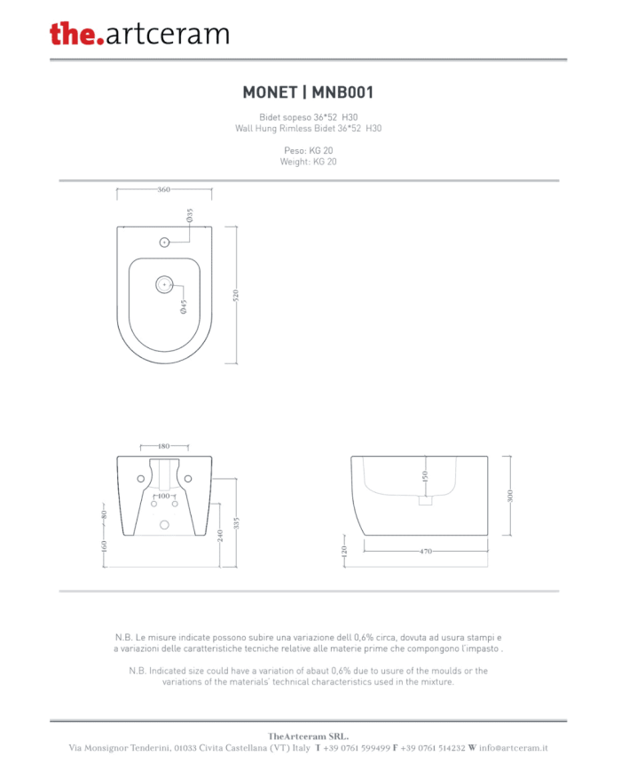 Bidet suspendu 36x52cm Monet - The.artceram