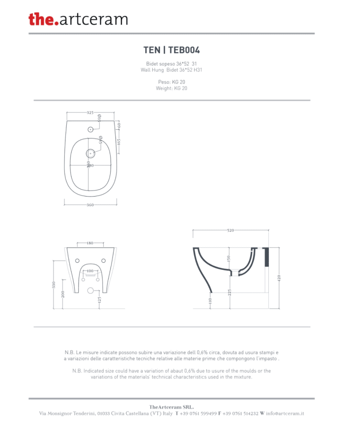 Bidet suspendu 36x52cm Ten 4.0 - The.artceram