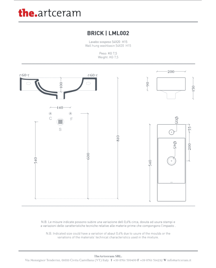 Lave-mains 20x54 suspendu Brick – The.Artceram