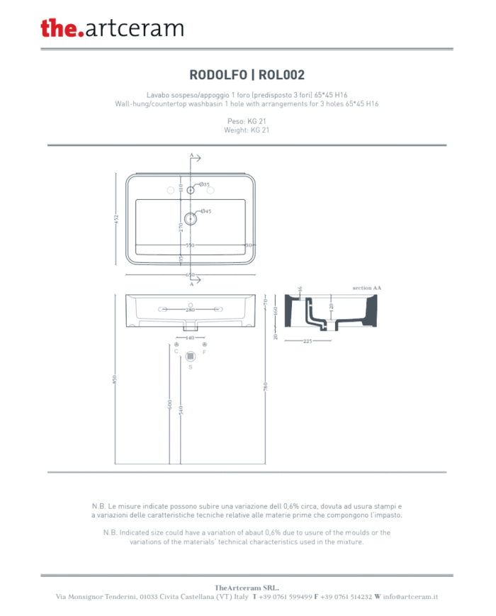 Lavabo Rodolfo 65x45 à poser – The.Artceram