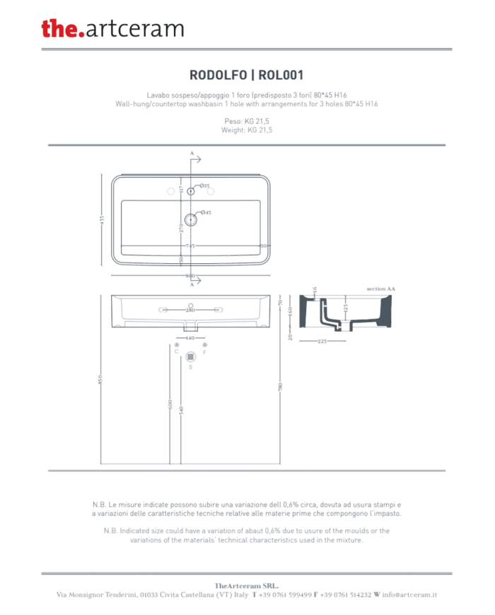Lavabo Rodolfo 80x45 à poser – The.Artceram