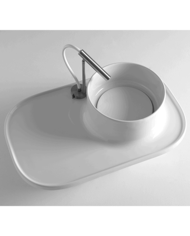 Lavabo design rond en céramique blanche avec robinet minimaliste, modèle Up 700 Bleu Provence.