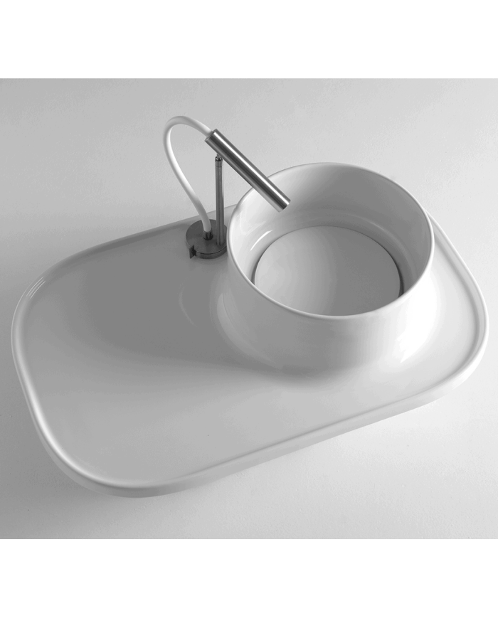 Lavabo design rond en céramique blanche avec robinet minimaliste, modèle Up 700 Bleu Provence.