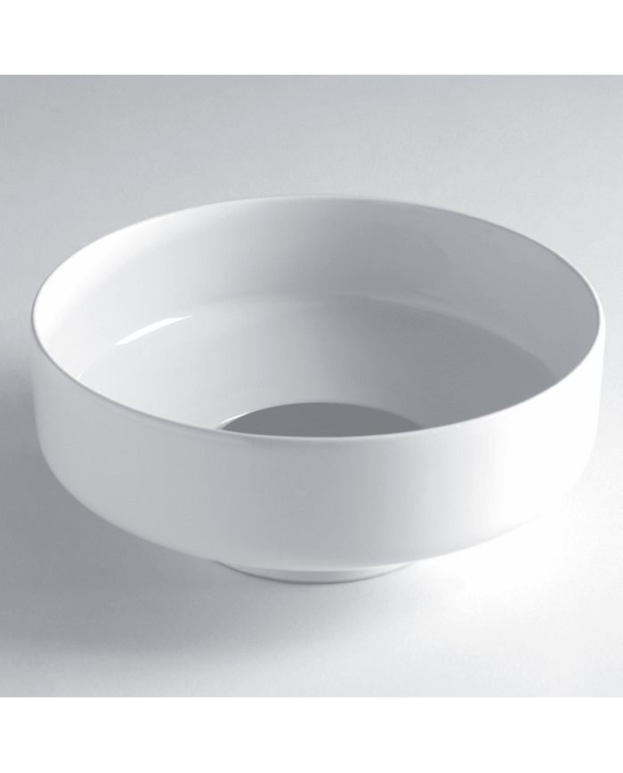 Lavabo rond blanc en céramique SAV400 Bleu Provence, design minimaliste et épuré.