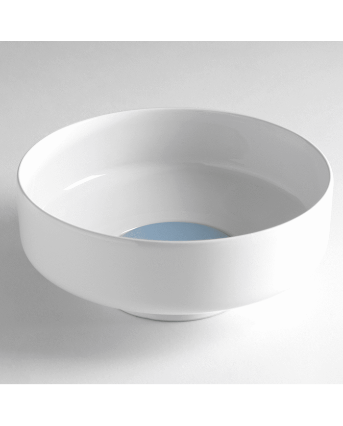 Lavabo rond blanc Bleu Provence Sav400 en céramique, intérieur bleu clair, design élégant.