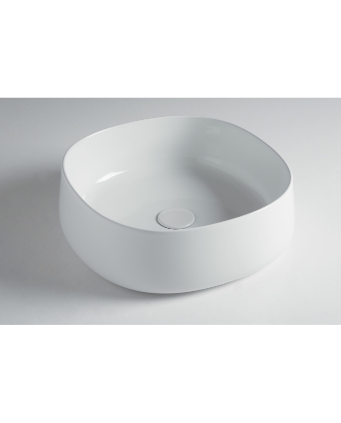 Lavabo rond Jump 42 Bleu Provence en céramique blanche avec bonde centrale, design minimaliste et élégant.
