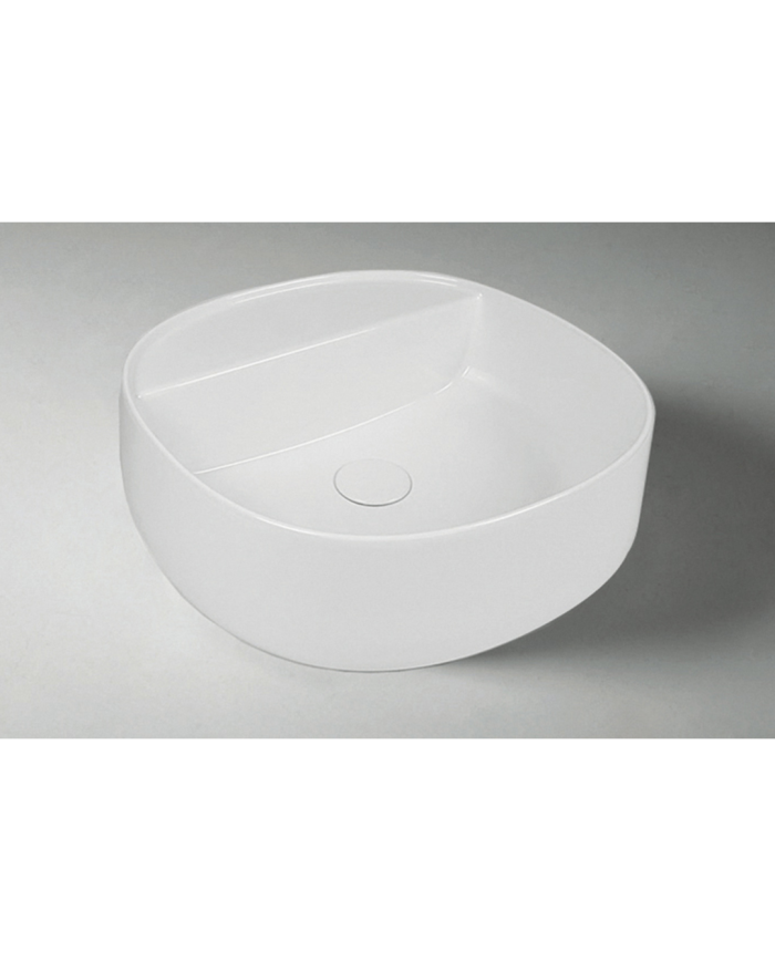 Lavabo rond blanc Jump Back 42 Bleu Provence en céramique lisse, design minimaliste et intemporel.