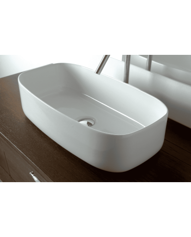 Lavabo Bowl 6 Bleu Provence en céramique blanche, forme ovale élégante, pose sur plan.