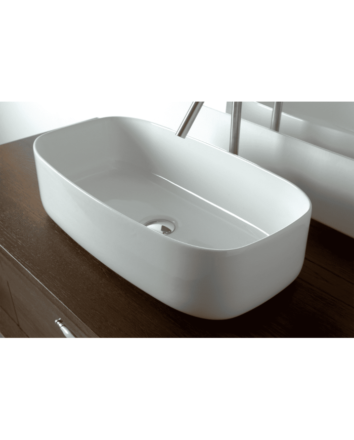 Lavabo Bowl 6 Bleu Provence en céramique blanche, forme ovale élégante, pose sur plan.