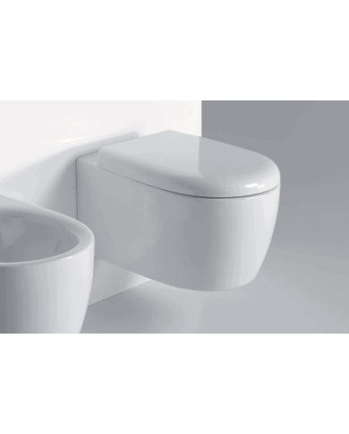 WC suspendu Twiggy Bleu Provence, design épuré en céramique blanche, forme arrondie et élégante.